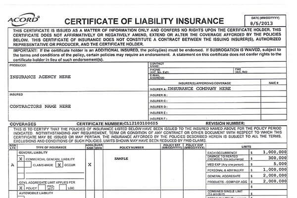 Liquor Store Certificate of Insurance