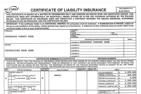 Liquor Store Certificate of Insurance
