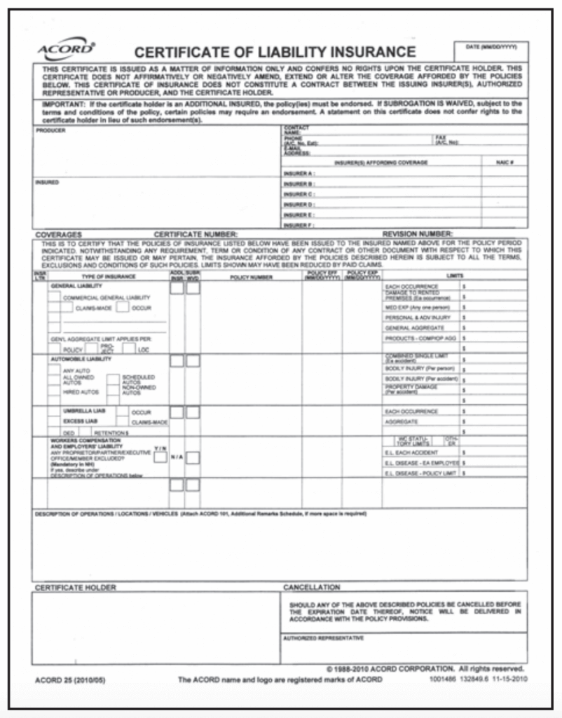 Certificate of Liability Insurance