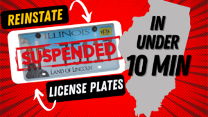 Illinois license plate next to silhouette of the state with text reading 