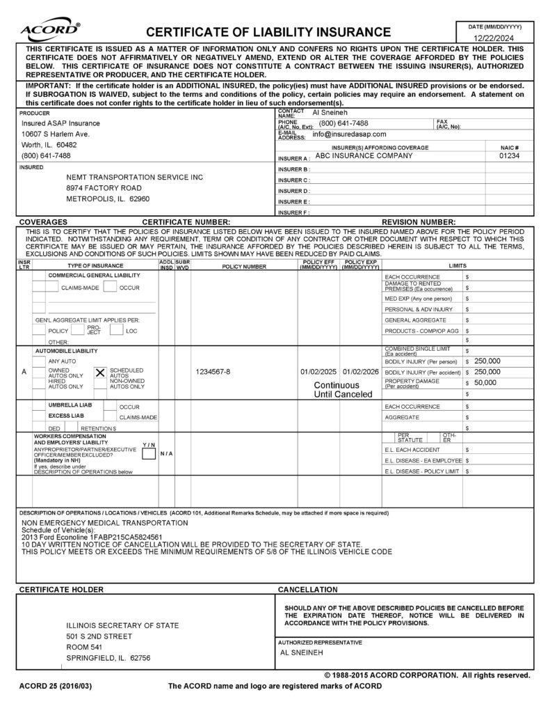 CERTIFICATE OF INSURANCE PDF NEMT ILLINOIS