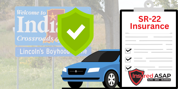 Image of SR-22 Insurance form and blue car in front of a 'Welcome to Indiana' road sign
