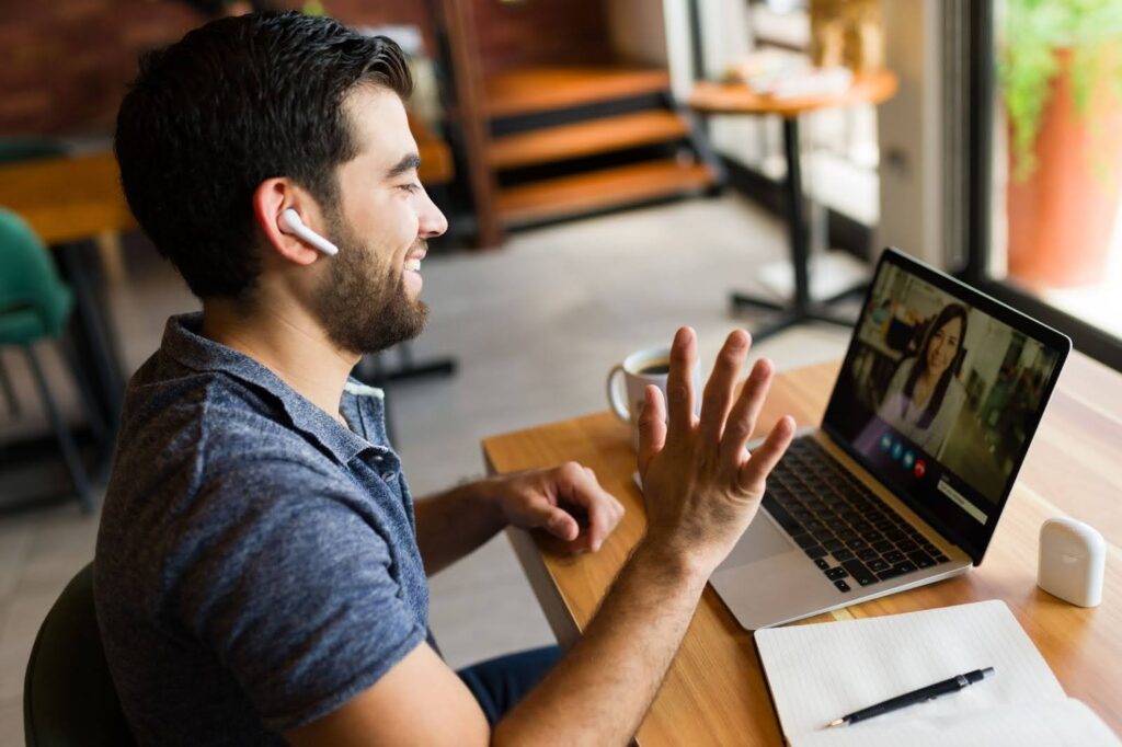 business talking with freelance contractor over video call